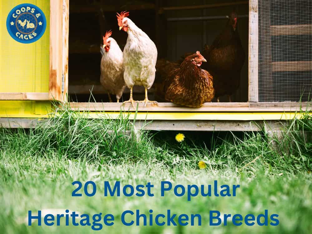 Photo of three heritage chicken breeds walking out of chicken coop