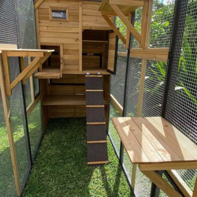 A large outdoor cat enclosure run set on grass in bright sunlight, featuring mesh walls and a sturdy frame, providing ample space for cats to roam and enjoy the outdoors safely.